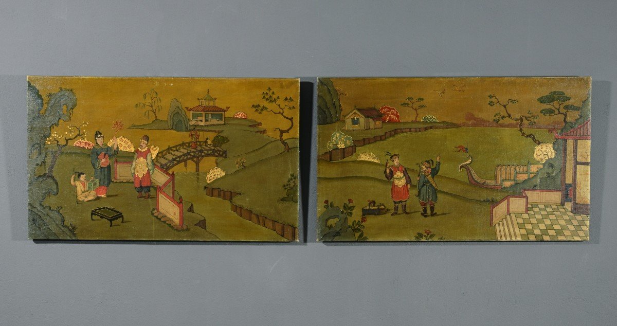 Couple De Peintures Représentant Des Paysages à Chinoiserie, Italie, Début du XXe siècle