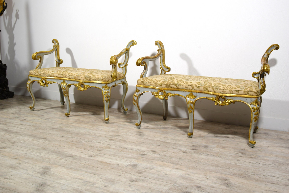 Paire De Bancs Baroques En Bois Sculpté, Laqué Et Doré, Rome, XVIIIe Siècle-photo-3