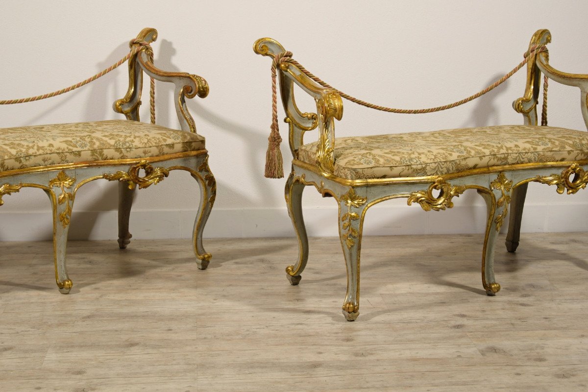 18th Century, Pair Of Italian Baroque Lacquered And Gilt Wood Benches -photo-4