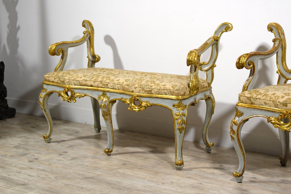 Paire De Bancs Baroques En Bois Sculpté, Laqué Et Doré, Rome, XVIIIe Siècle-photo-3