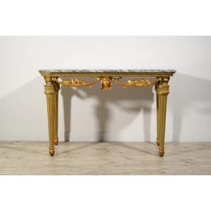 Console Néoclassique En Bois Sculpté, Laqué Et Doré, Plateau En Marbre, Italie, XVIIIe Siècle