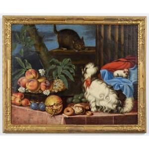 17th Century, Italian Painting With Still Life With Fruit, Dogs And Cat