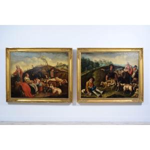 Paire de grands tableaux représentant des scènes pastorales, école des Londonio, XVIIIe siècle