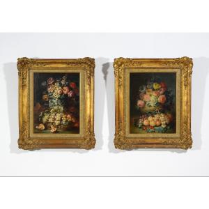18th Century, Two Still Lifes With Flowers And Fruits By Italian Paintings 