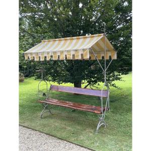 Ancien banc de jardin en bois et fer forgé avec auvent en tissu, Italie, XIXe siècle