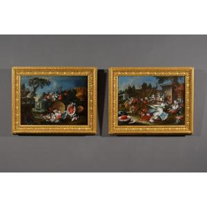 Francesco Lavagna (naples 1684-1724), Pair Of Still Life With Flowers And Watermelon