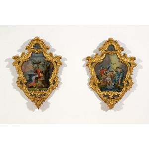Couple de peintures huile sur verre, Michele Antonio Milocco , Italie, XVIIIe siècle