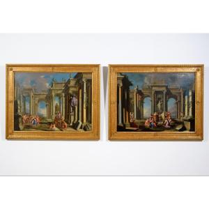 XVIIe siècle, Paire de Caprices architecturaux, Alberto Carlieri (Rome 1672-1720)