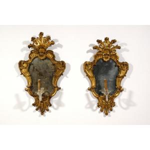 Pair Of Baroque Mirrors In Carved And Gilded Wood, Italy, First Half Of The 18th Century