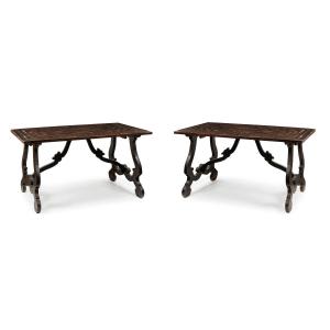 Pair Of Solid Wood Tables With Veneered And Inlaid Top, Tuscany, Early 18th Century