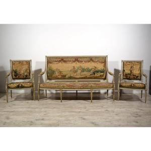 18th Century, A French Louis XVI Lacquered Wood Seat Furniture With Aubusson Tapestry