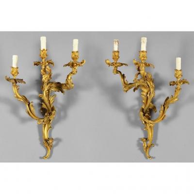 Pair Of French Wall Lamps In Gilded Bronze With Three Lights, Louis XV Style, 19th Century