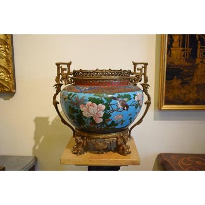 19th Century, French Cloisonné Vase On Gilded Bronze Base