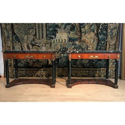 19th Century Pair Of Italian Empire Console With Black Marble Tops 