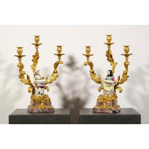 19th Century, Pair Of French Gilt Bronze Candlesticks With Polychrome  Porcelain