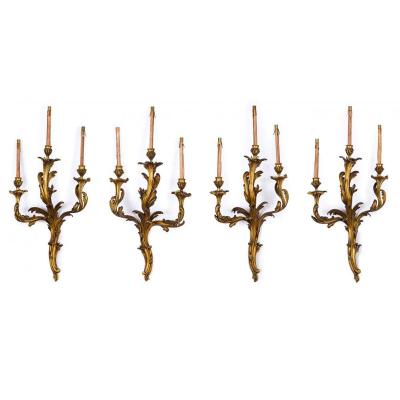 Four Large Three-light Wall Lamps In Gilded Bronze, 19th Century, France, Louis XV Style