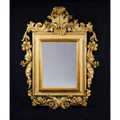 18th Century, Large Italian Lacquered And Gilt Wood Mirror With Rocaille Motifs