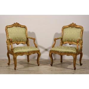 18th Century Pair Of Italian Louis XV Carved Giltwood Armchairs