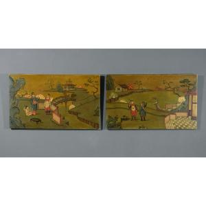 XX Century, Pair Of Italian Oil Paintings With Chinoiserie Landscapes 