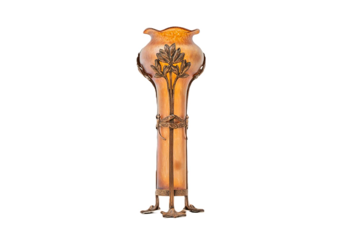 Rare Loetz Glassware With A Copper Frame