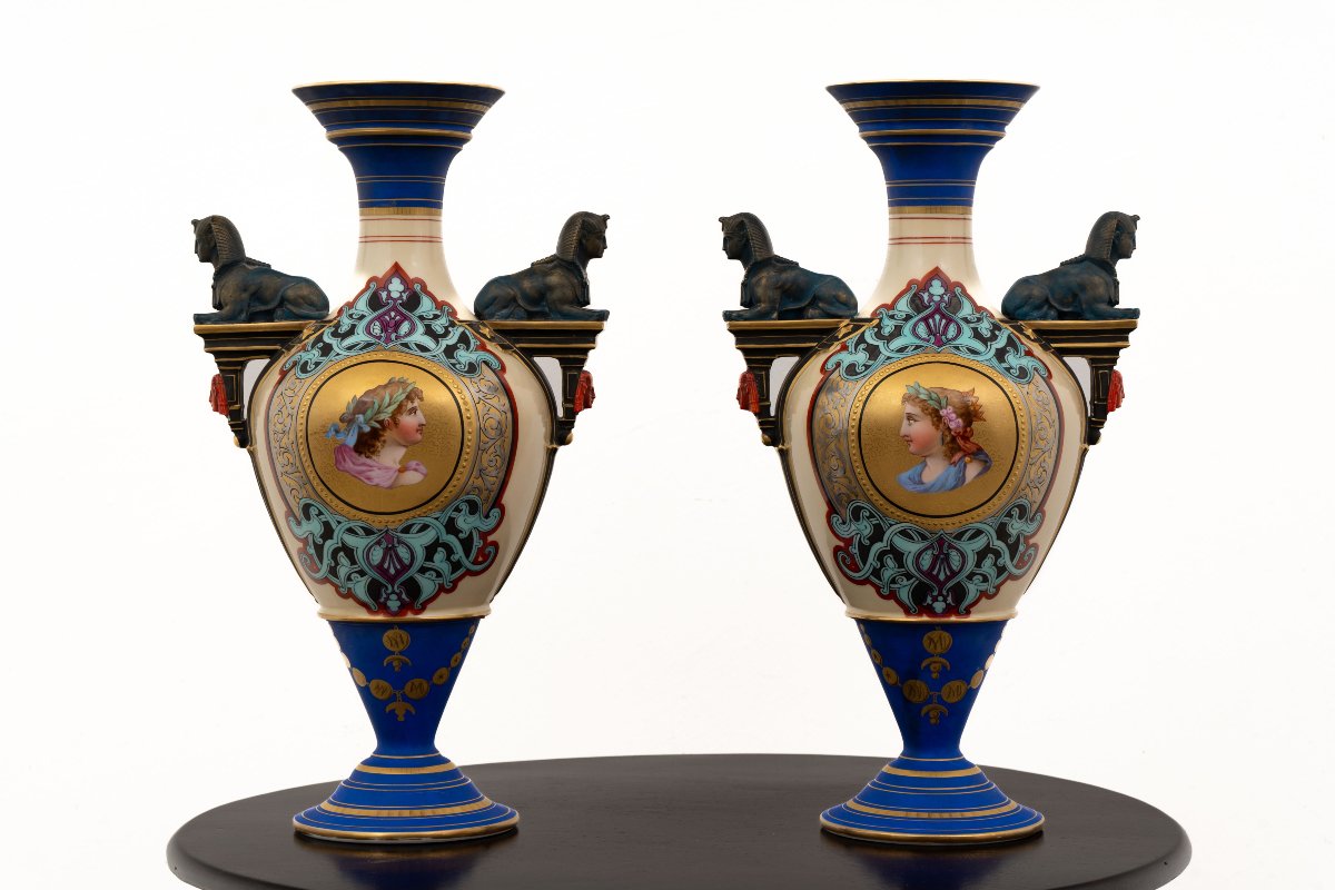 Pair Of French Porcelain Vases With Sphinxes, 19th Century