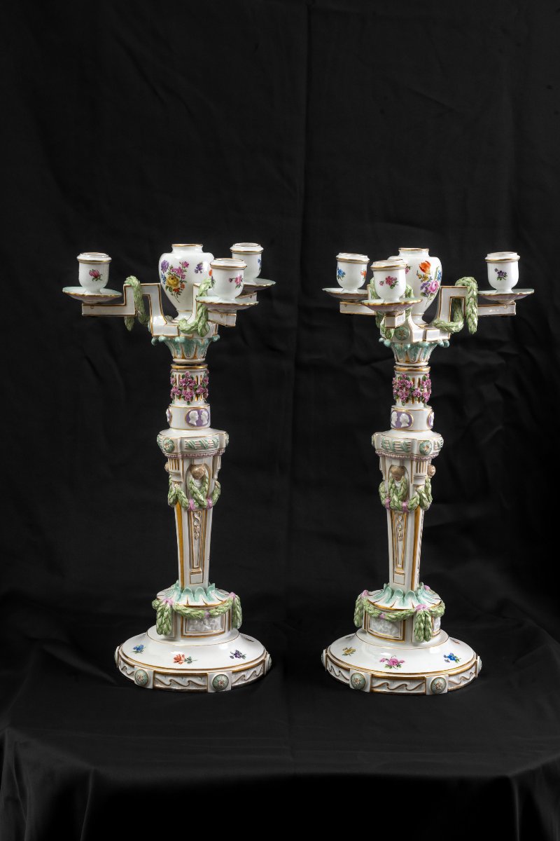 Pair Of Meissen Porcelain Candelabras ,neoclassical Style