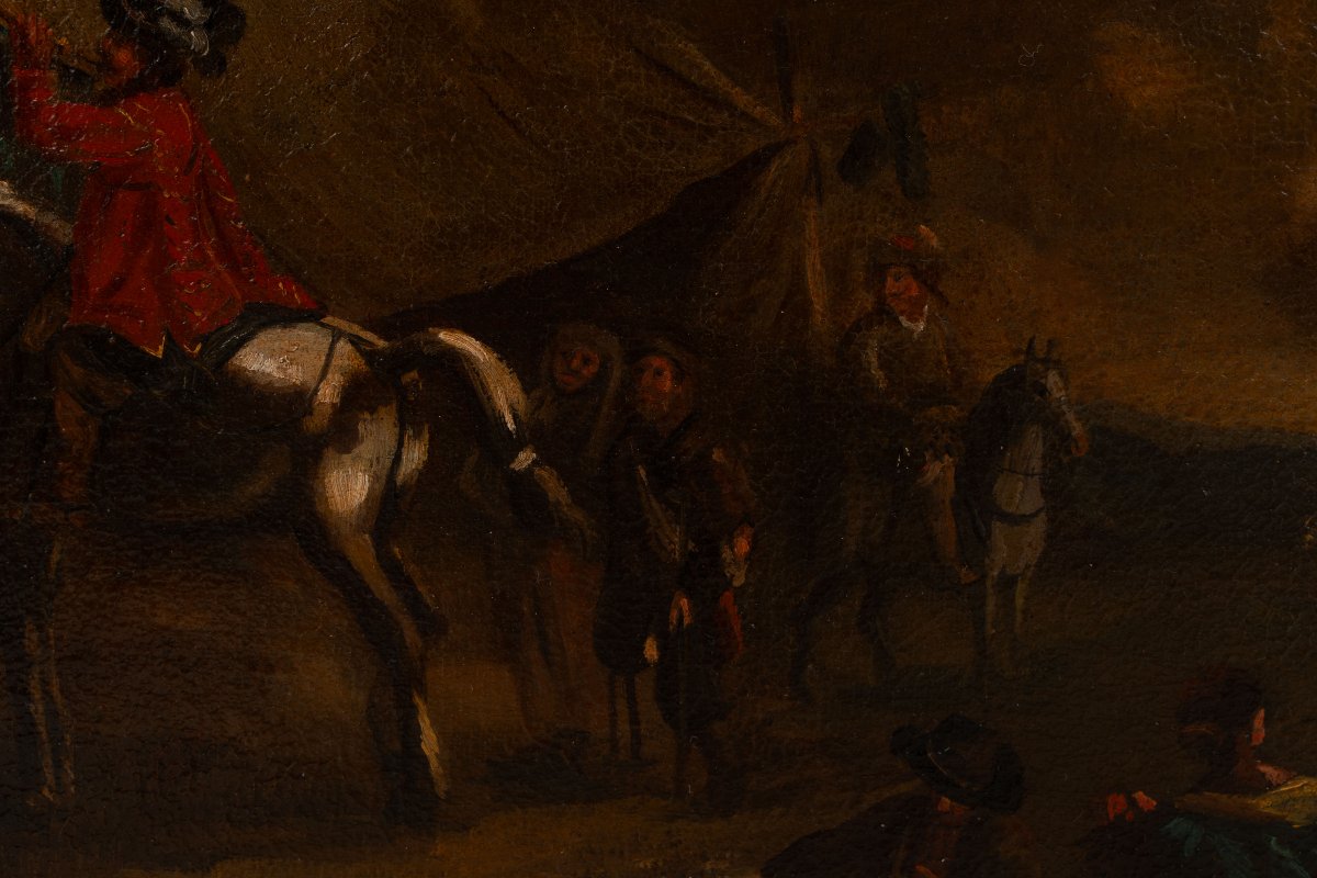 École française. Peinture baroque représentant un camp militaire, XVIIIe siècle.-photo-2