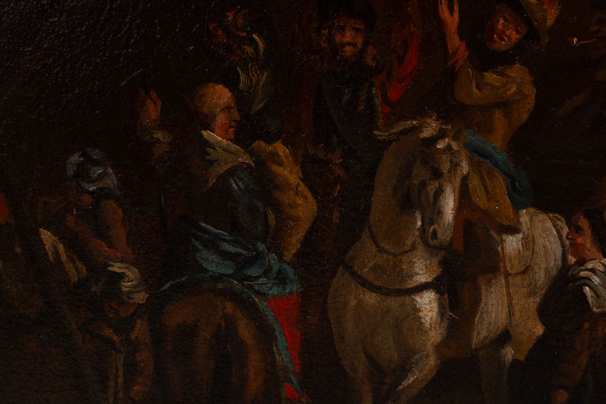 École française. Peinture baroque représentant un camp militaire, XVIIIe siècle.-photo-1