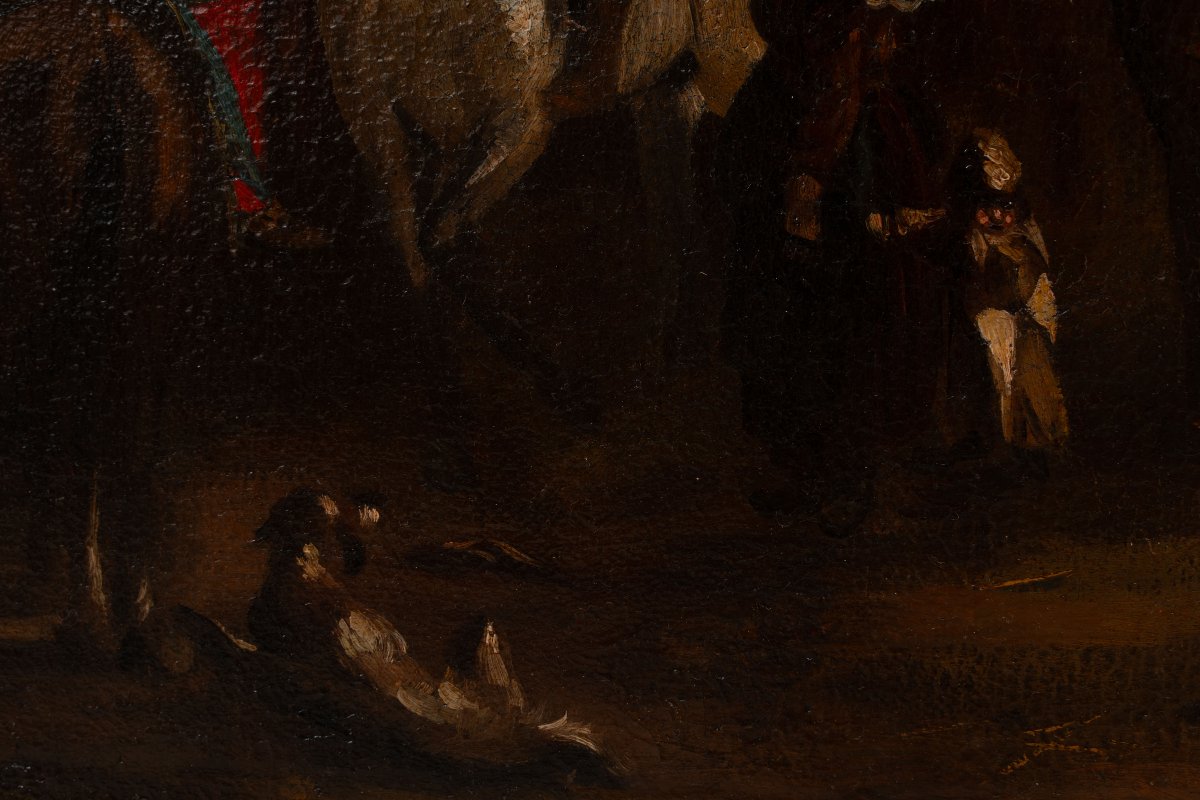 École française. Peinture baroque représentant un camp militaire, XVIIIe siècle.-photo-3