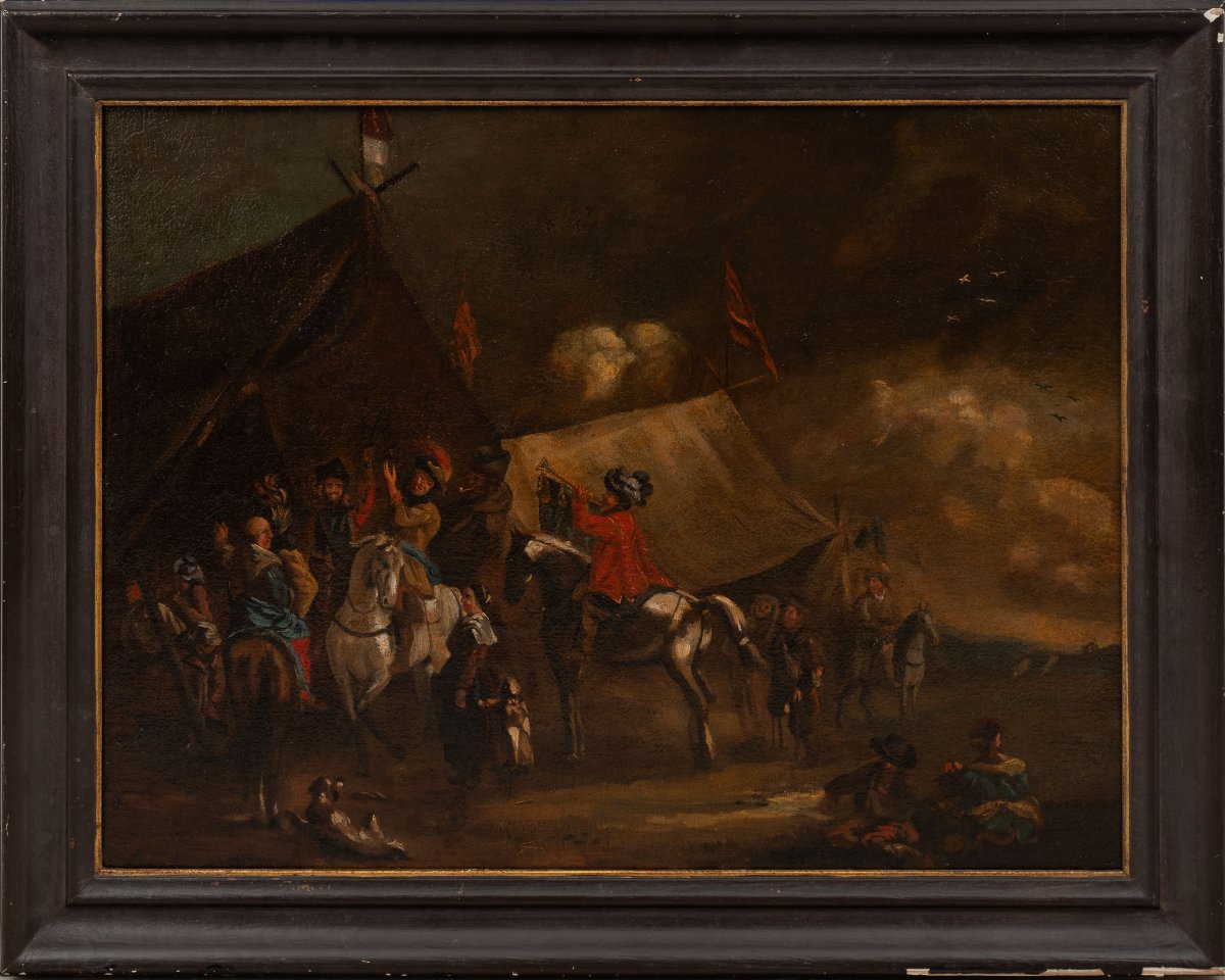 École française. Peinture baroque représentant un camp militaire, XVIIIe siècle.