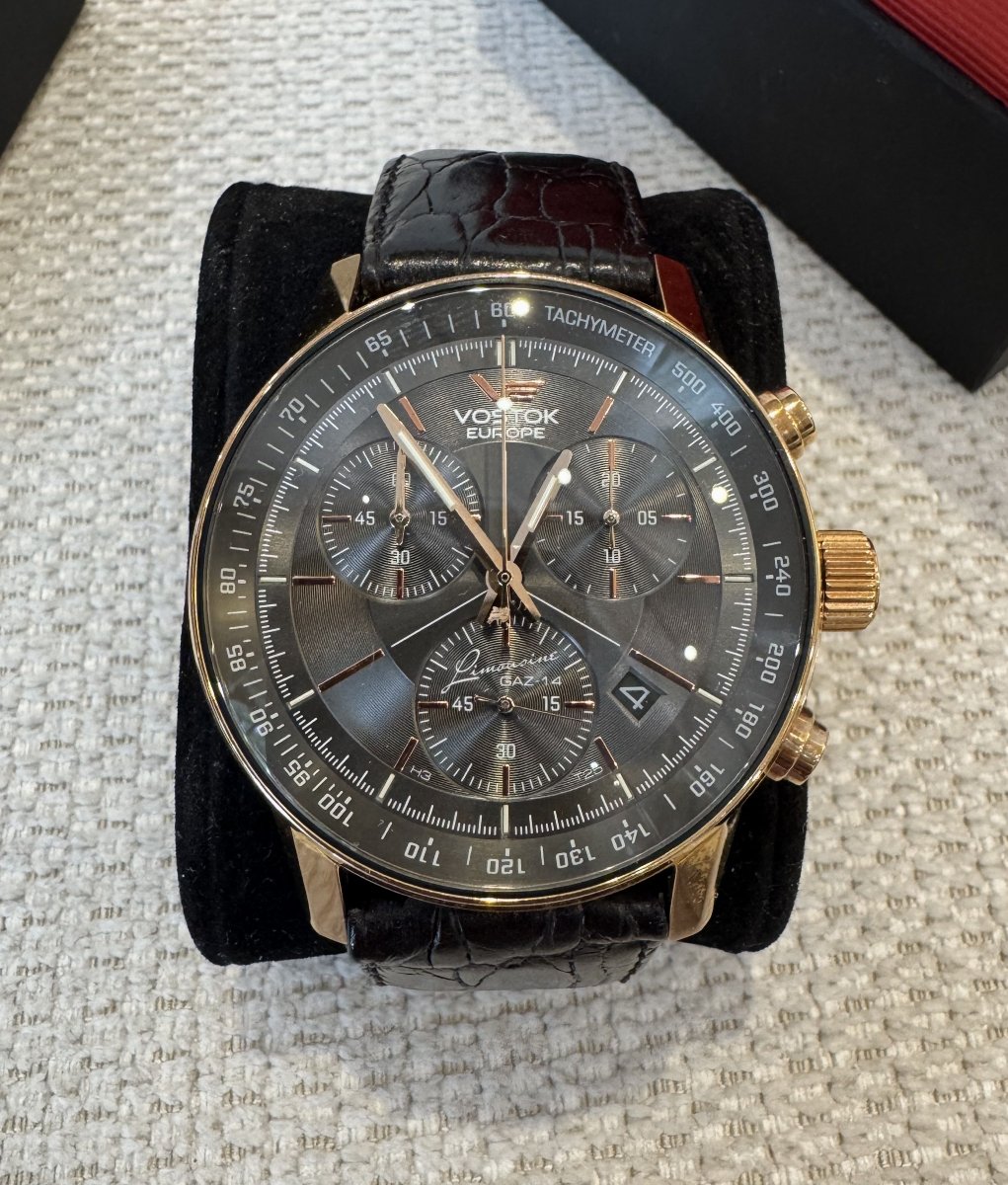 Vostok Europe Gaz-14 Limousine Chronograph – Purchased In 2021 – Gold Box And Warranty Card-photo-3