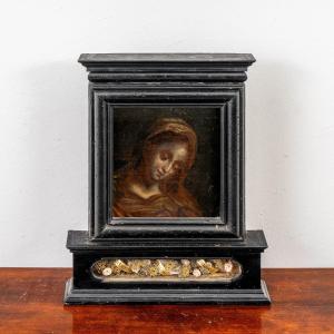 Three Baroque Reliquary With Oil Painting Depicting The Virgin Mary, Dated 1743