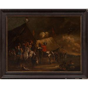 École française. Peinture baroque représentant un camp militaire, XVIIIe siècle.
