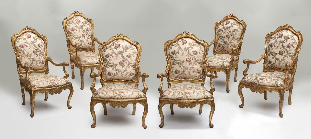 Six Venetian Armchairs In Carved And Gilded Wood, Venice, 18th Century