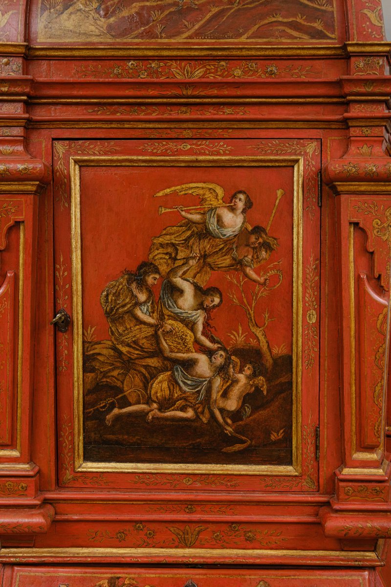 Rare Venetian Cabinet Lacquered In Red And Painted With Mythological Motifs, Venice 18th Centur-photo-3
