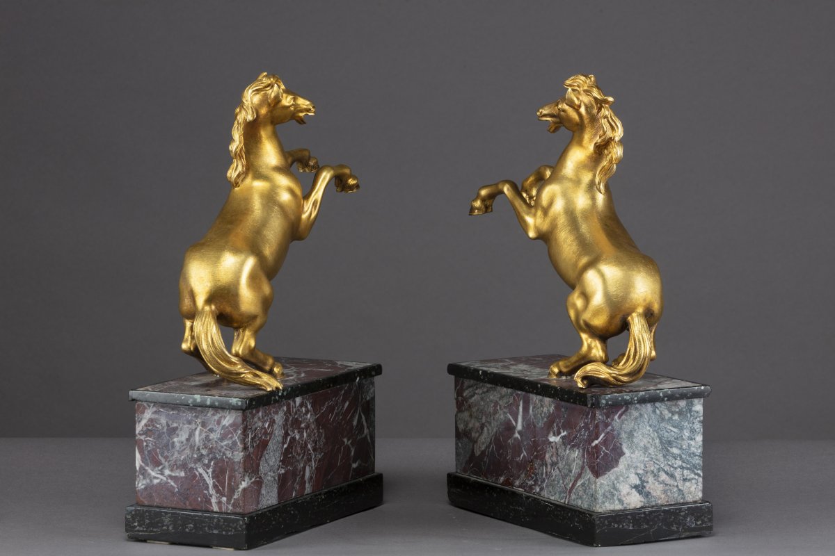 Paire De Chevaux En Bronze Doré, 19ème siècle-photo-1