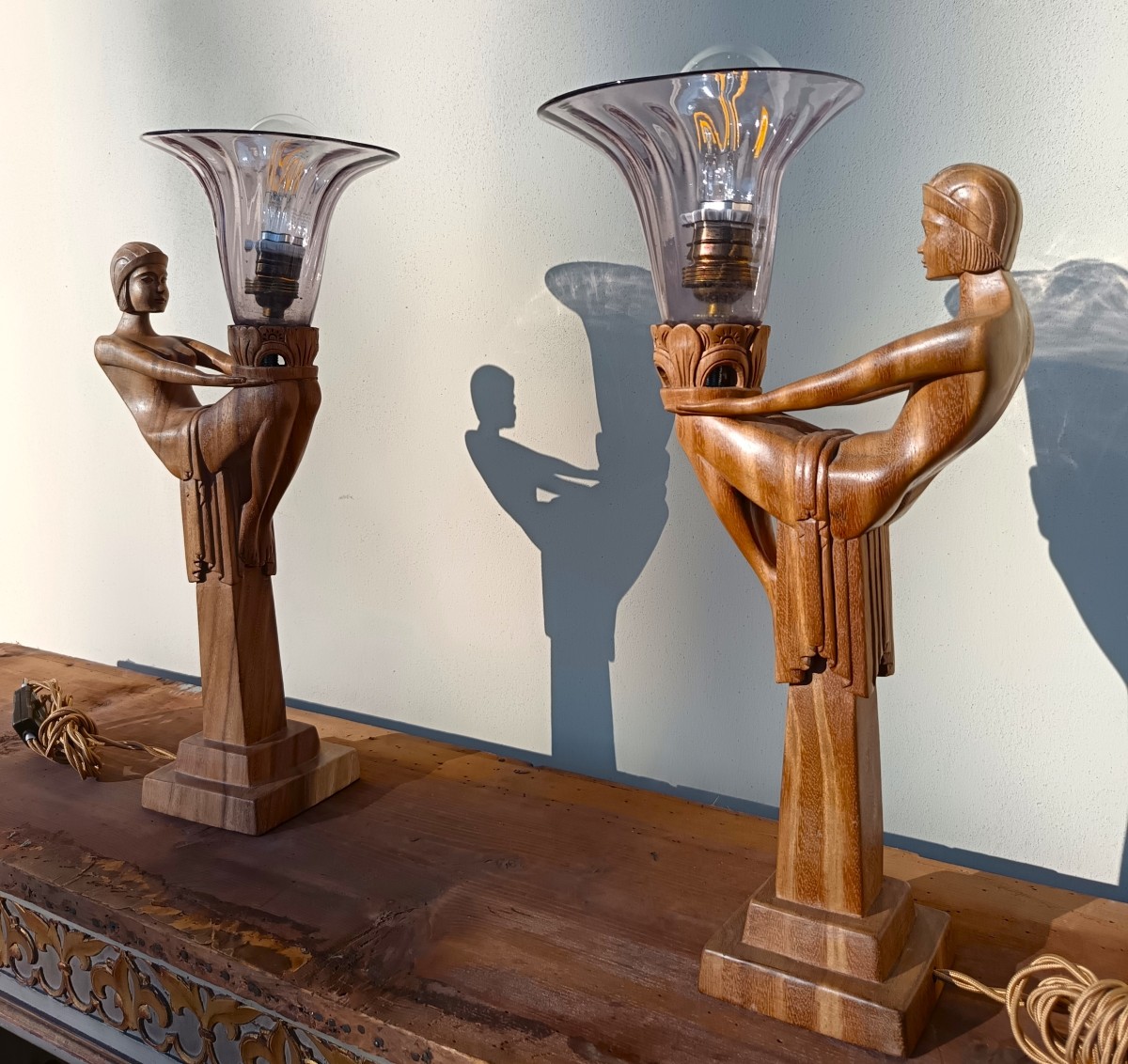 Pair Of “ladies Of Light” Wooden Lamps 1910–1920-photo-2