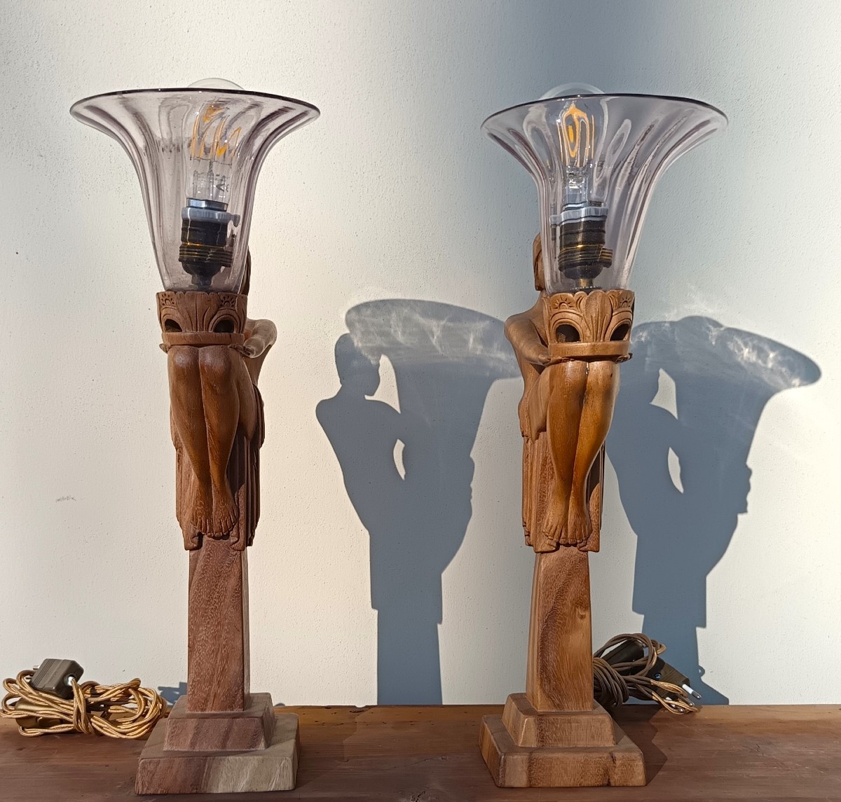 Pair Of “ladies Of Light” Wooden Lamps 1910–1920-photo-3