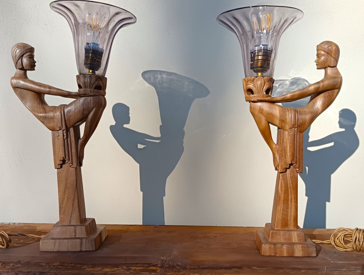 Pair Of “ladies Of Light” Wooden Lamps 1910–1920-photo-1