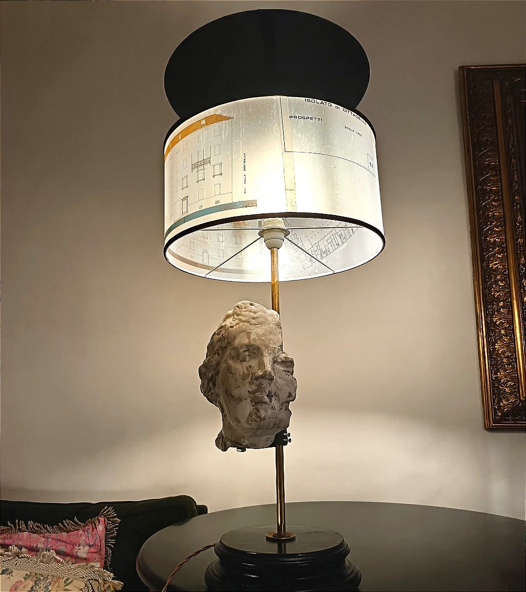 Lamp With Plaster Head And Smoke-black Finish, Lampshade With Architectural Blueprints