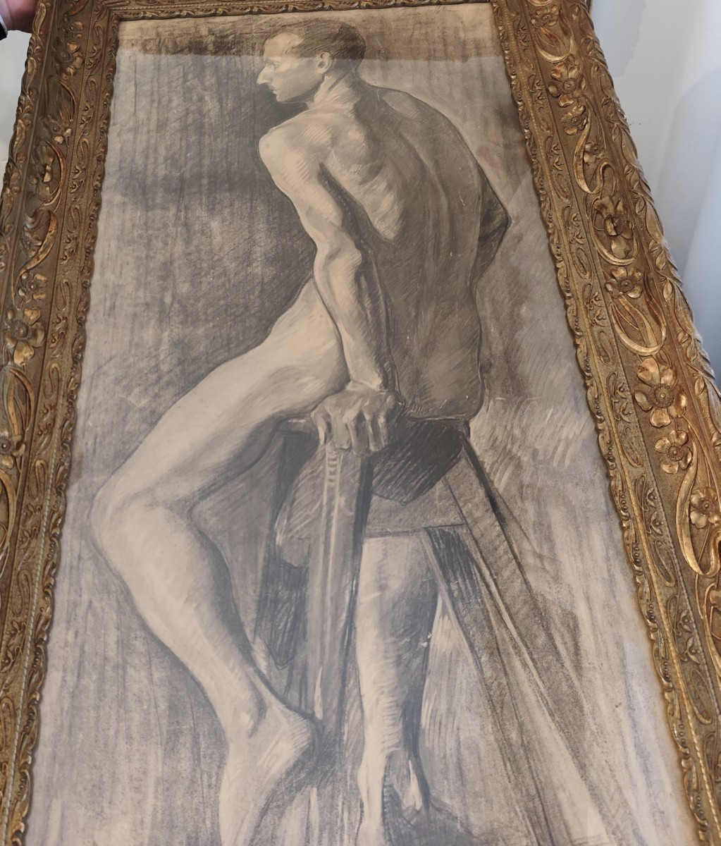 Étude d'homme nu au fusain et crayon, fin XIXe / début XXe siècle-photo-1