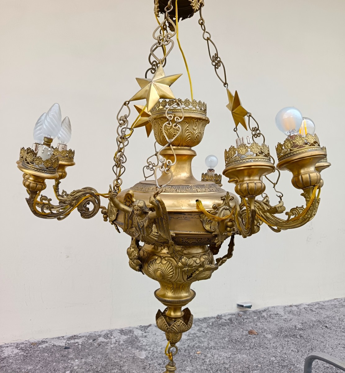 Rare Bronze Sheet Chandelier Italy 1850-photo-4