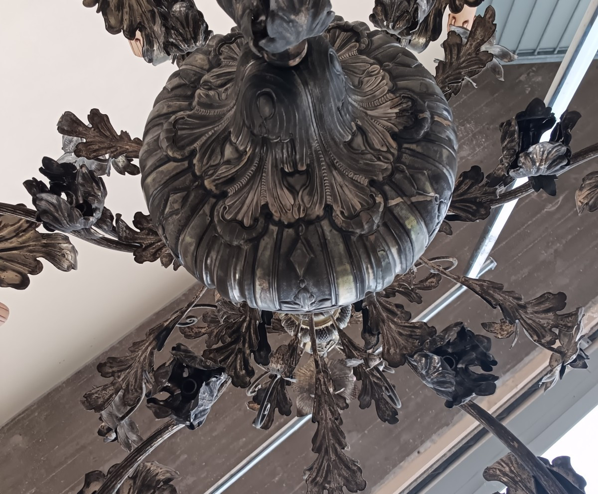 Paire de lustres 1850 en tôle de cuivre argentée-photo-5