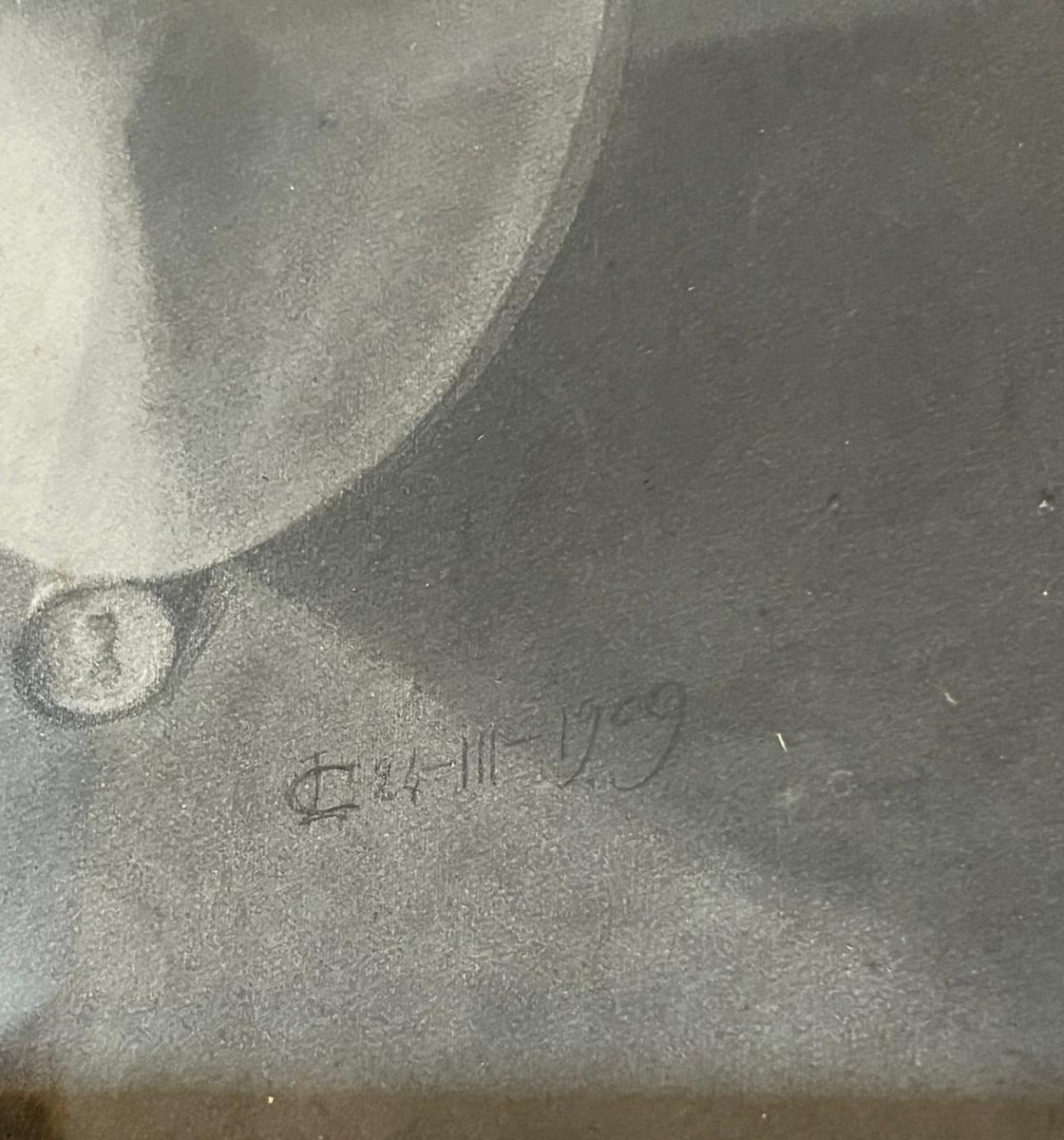 Charcoal Drawing Of Napoleon's Death Mask, Signed And Dated 1909-photo-3