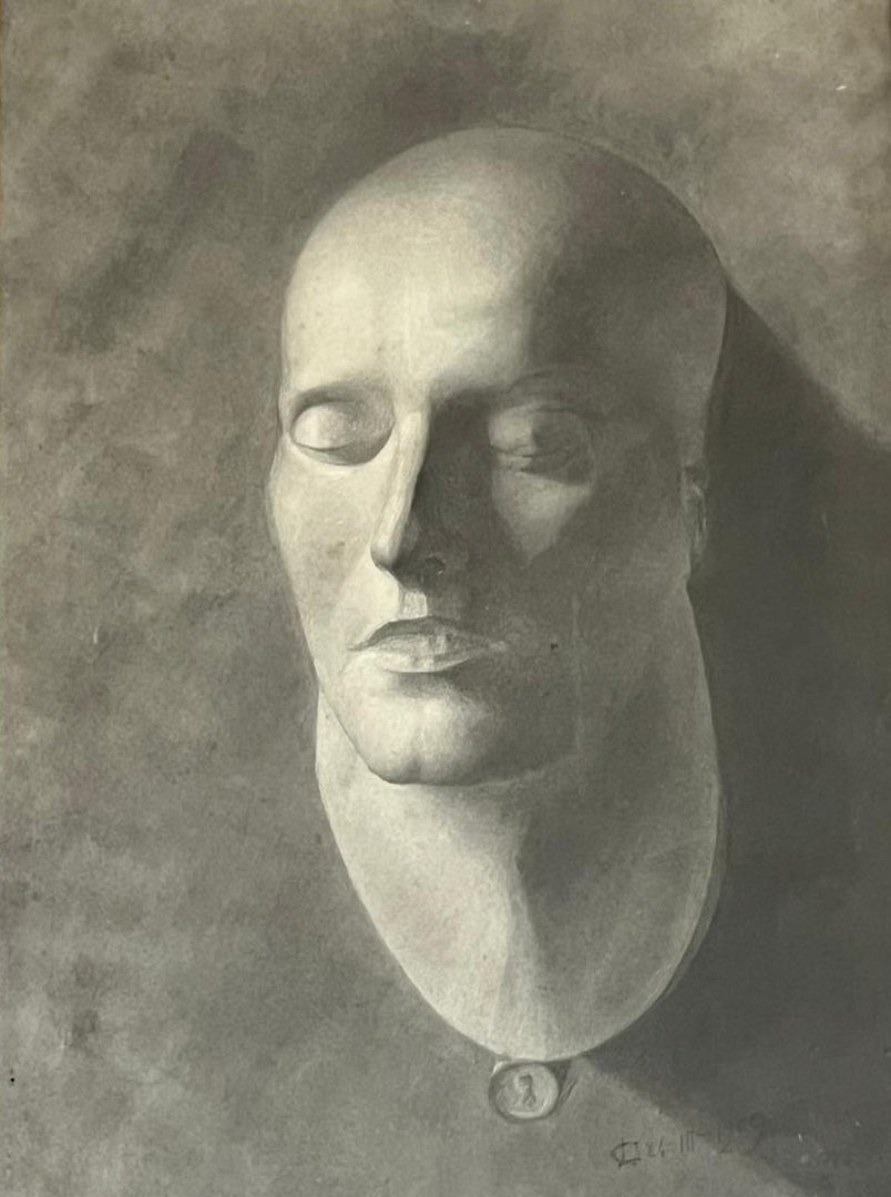 Charcoal Drawing Of Napoleon's Death Mask, Signed And Dated 1909-photo-4
