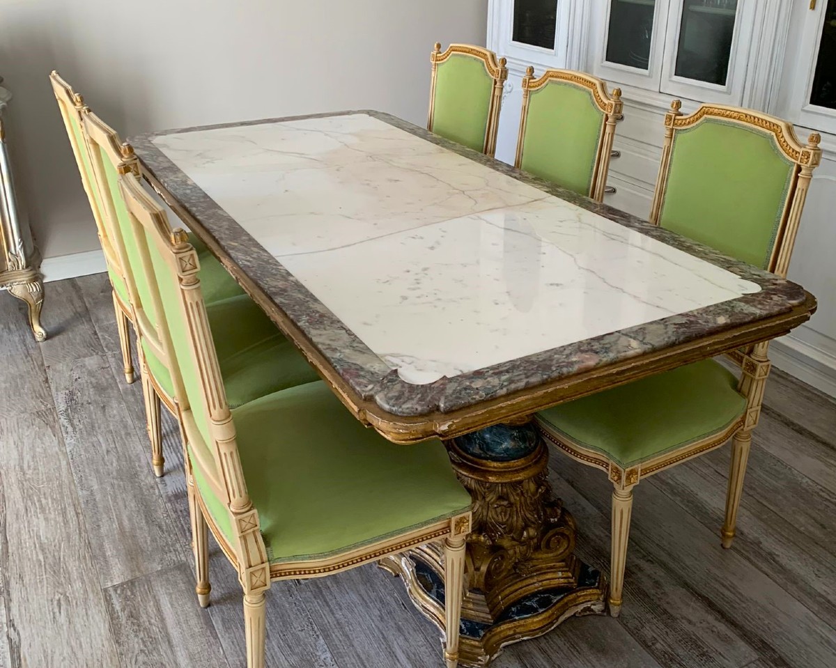 Table fin XIXe avec plateau en marbre et chapiteaux dorés et six chaises-photo-5