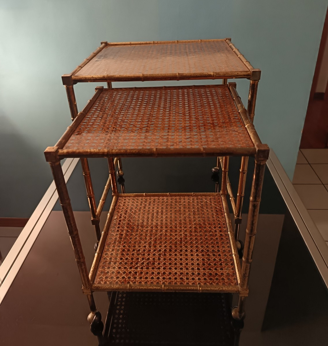 Pair Of Nesting Coffee Tables In Bamboo-style Brass Christian Dior 80s