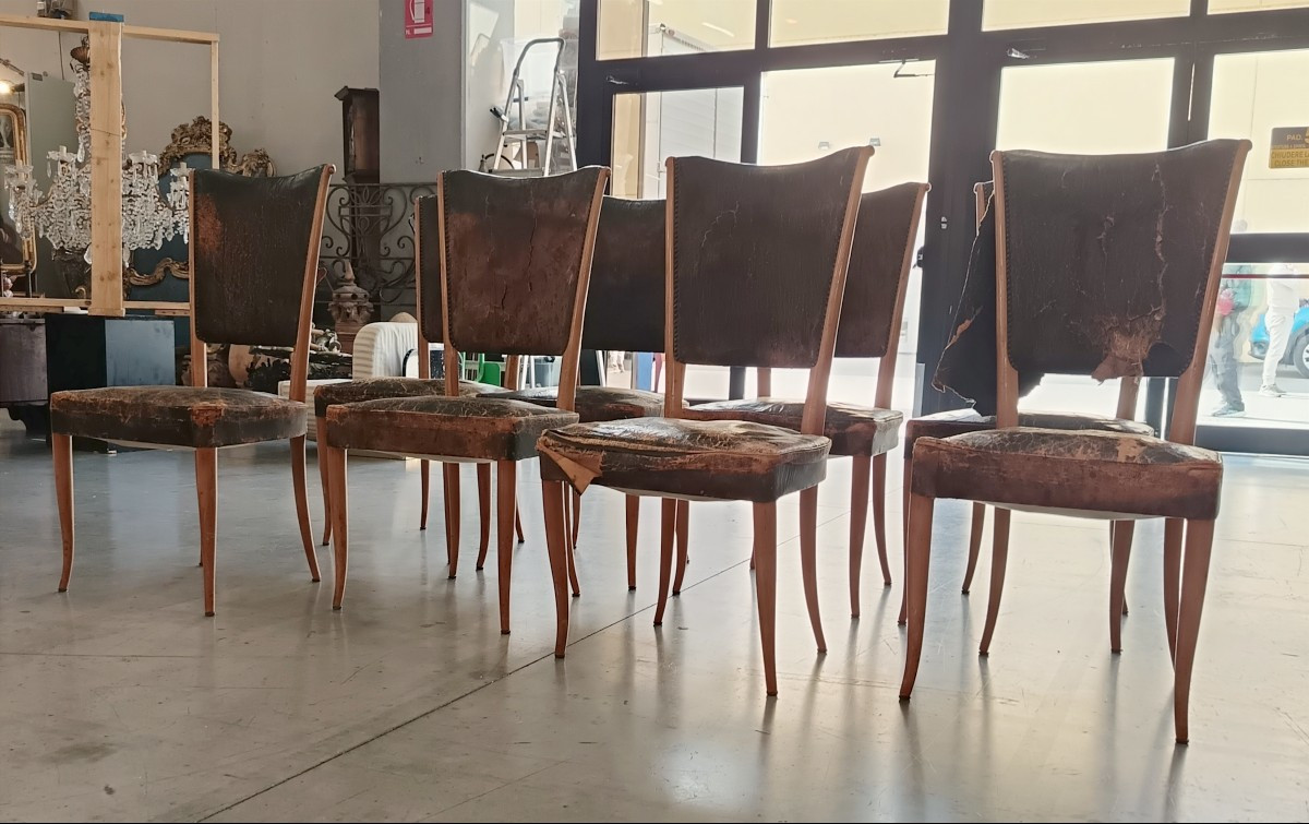 8 chaises avec assise en cuir de 1930/40 par Osvaldo Borsani-photo-2