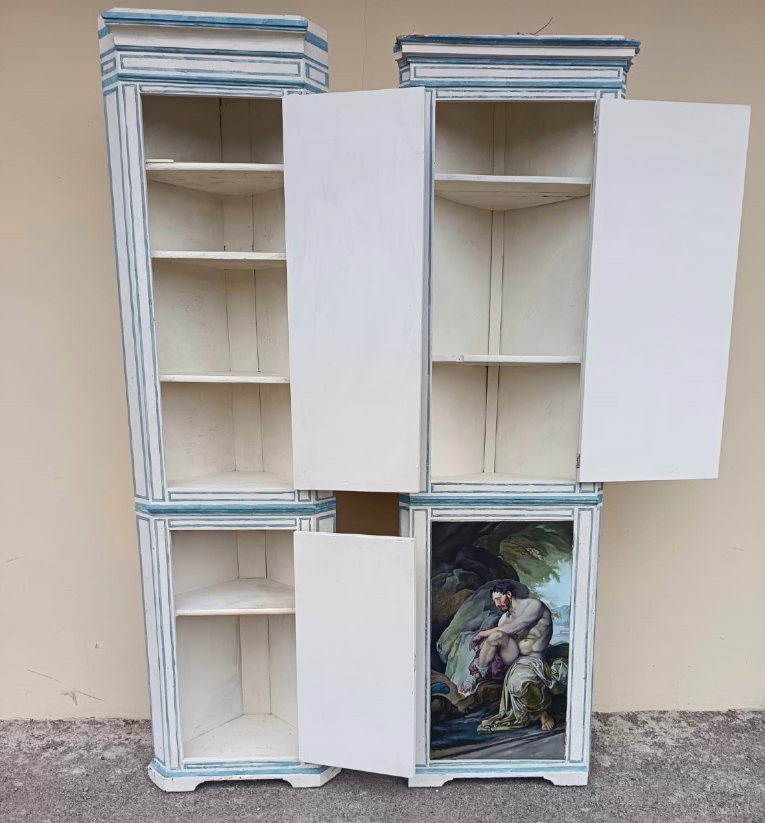 Pair Of 1850 Wooden Corner Cabinets From A Noble Palace With 4 Hayez Paintings-photo-3