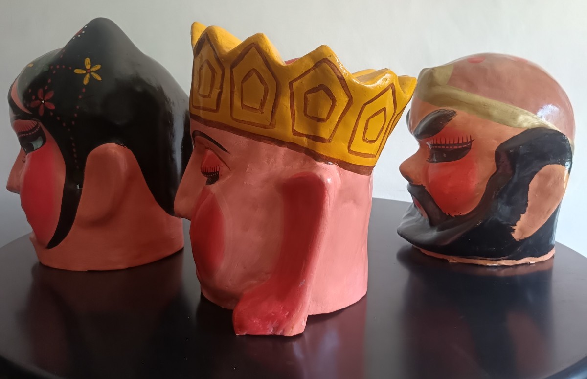 Triptyque de masques chinois 1920 papier mâché-photo-2